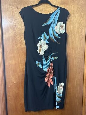 Frank Lyman Design Black Midi Dress with Blue and Pink Floral Print